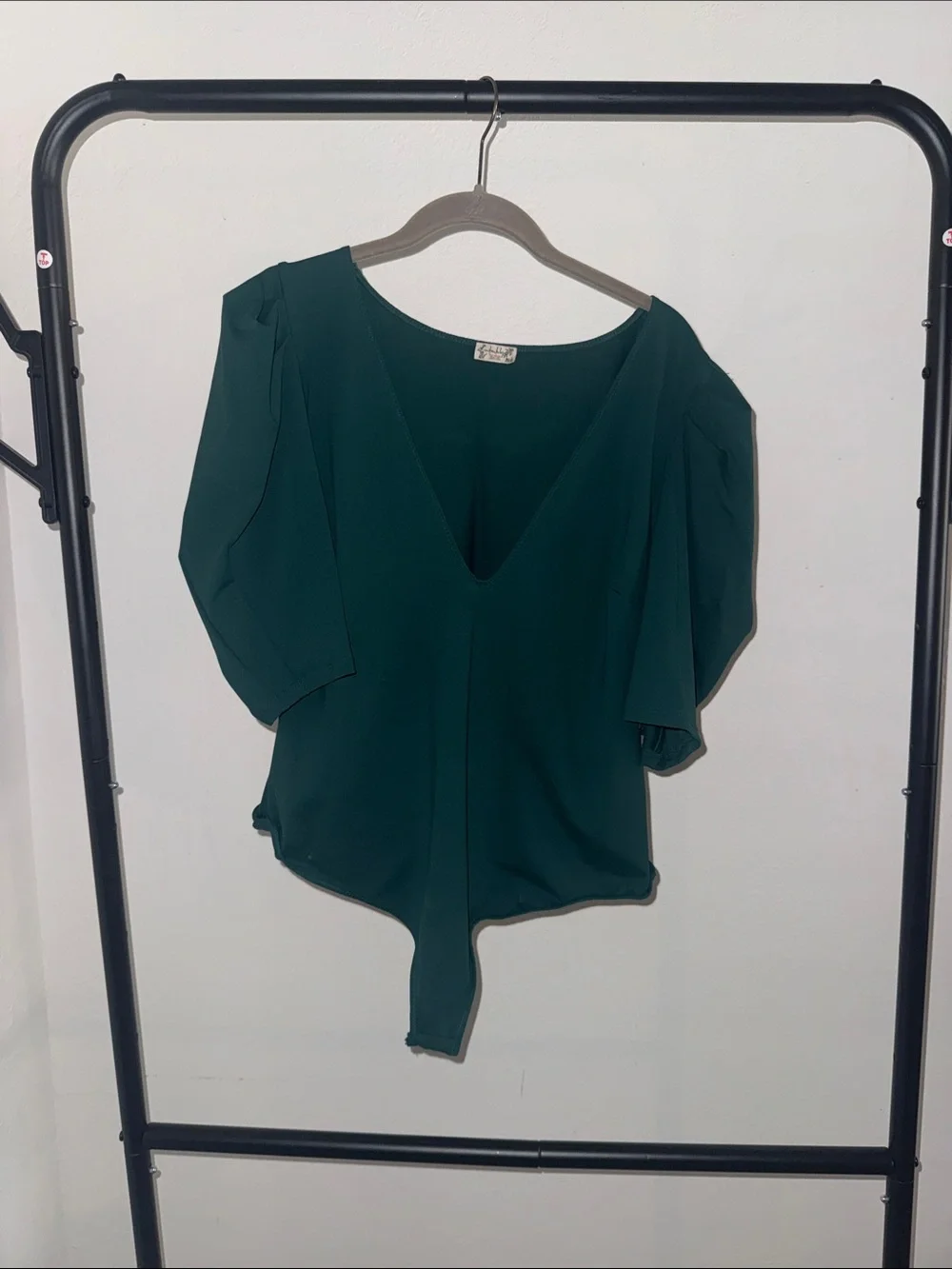 Free People Teal V-Neck Puff Sleeve bodysuit